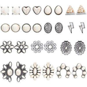 Boho White Stud Earring Set – 14 Pairs of Vintage Western-Inspired Earrings